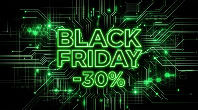 Black Friday Sale 30 Percent Discount Neon Green Glowing Text on Futuristic Digital Circuit Board Background