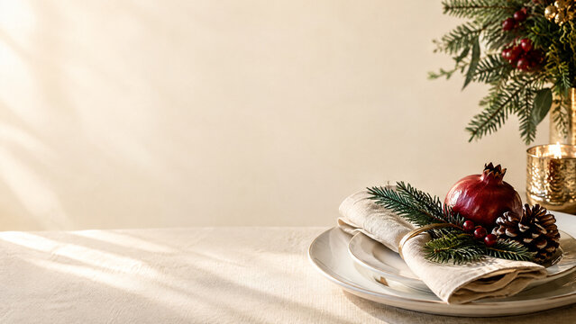 Elegant Christmas table setting with pomegranate and pine, festive holiday dinner background, minimalist winter celebration scene with copy space