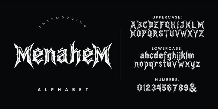 Menahem font extreme black metal display typography alphabet set for brutal music vector