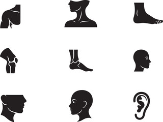 human, body, parts, anatomy, set, silhouette, shoulder, neck, foot, knee, ankle, head, ear, medical, health, profile, face, joint, bone, physical, biology, collection, sign, symbol, graphic, design, b © KULSUMA