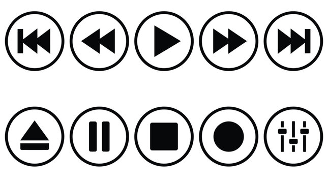 Media player control buttons set featuring black circular icons for navigation and digital audio interface functions