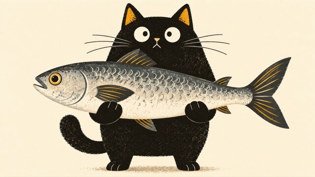 Black cat with big fish in paws