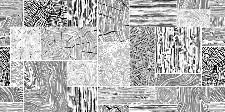 Collage wood texture, wood pattern mosaic, seamless pattern, black and white, vector panel