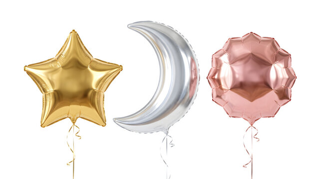 Gold star, silver crescent moon, and rose gold round foil balloons isolated on transparent background