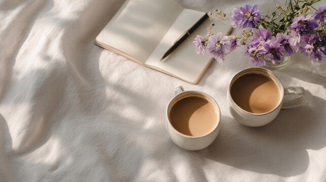 Coffee and notes on a light blanket