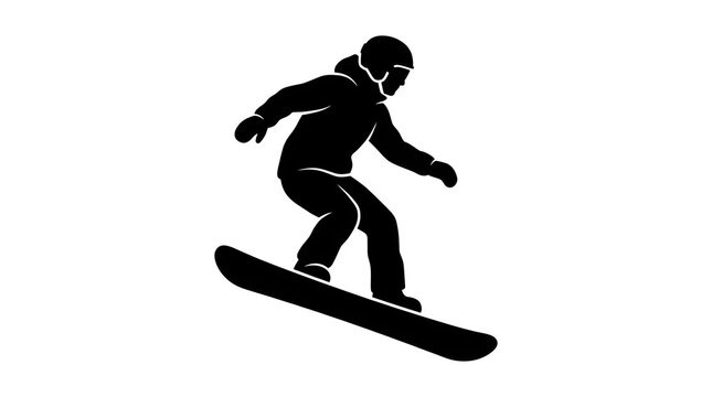 Silhouette of a snowboarder in action on a white background.