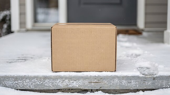 Cardboard delivery package sitting on a front porch covered in fresh snow, representing online shopping, winter e-commerce shipping, and seasonal holiday home delivery services.