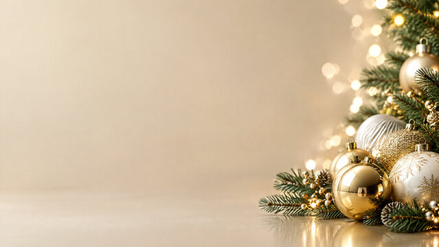 Elegant Christmas background with gold ornaments, festive holiday tree with bokeh lights, luxury winter celebration banner with copy space