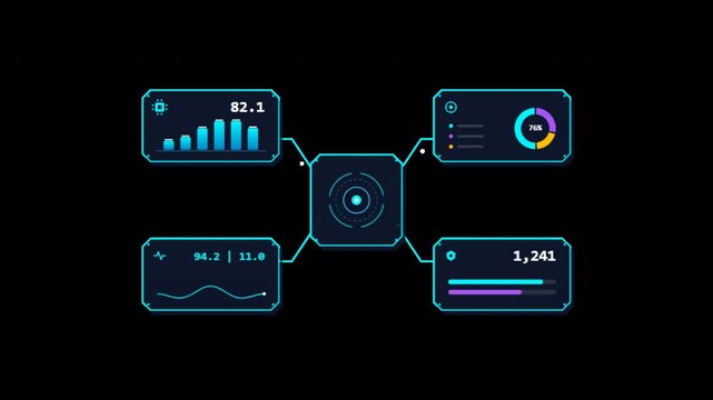 Futuristic hud data visualization dashboard elements on transparent. 4K Alpha Channel