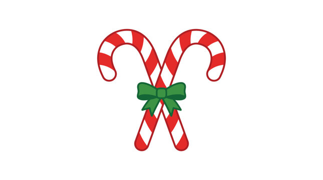 Christmas candy canes vector illustration, crossed red and white striped peppermint candy with green bow, festive holiday graphic element