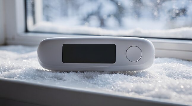 Modern white digital electronic device with a blank screen sitting on a snowy windowsill, portable monitoring gadget for winter weather and temperature tracking with a minimalist design