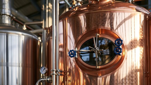 Close up copper brewing tank with gauge and