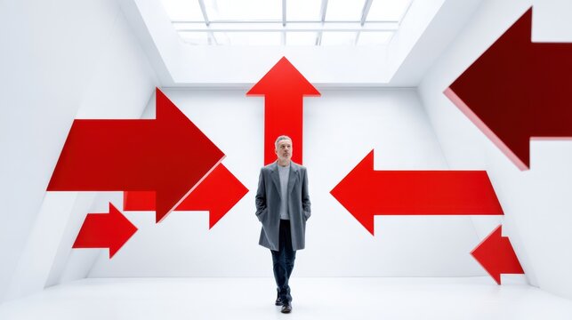 A man stands in a bright white room surrounded by red arrows pointing in different directions, symbolizing a decision or a choice