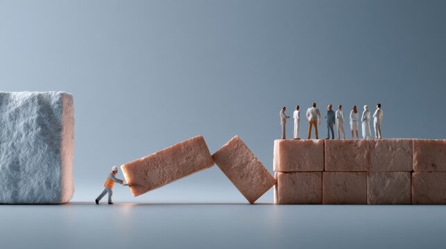 A miniature person is pushing a brick to create a bridge for a group of people on the other side. This symbolizes overcoming obstacles and collaboration