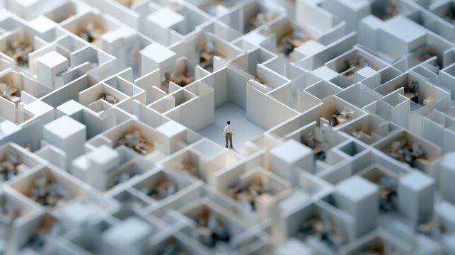 A single person stands in the center of a vast, intricate maze, with numerous interconnected rooms visible. The scene conveys a sense of being lost or overwhelmed within a complex system.
