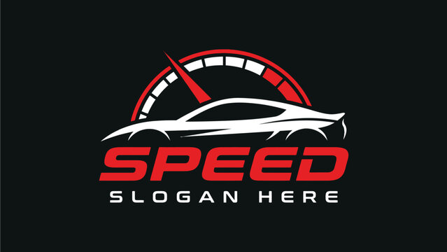 Sleek automotive logo design featuring silver car silhouette with bold red speedometer gauge on black