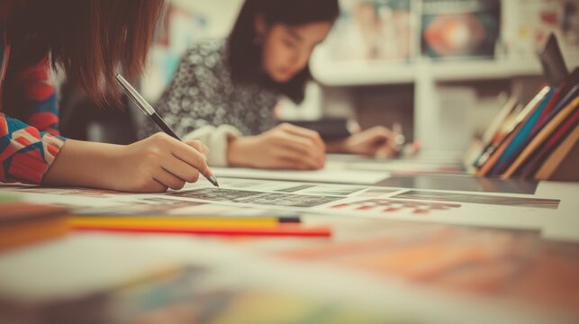 Creative Young Women Designing and Sketching in Art Studio