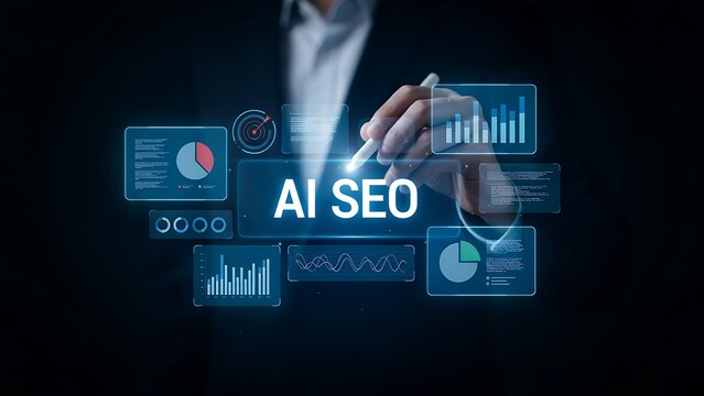 Business Professional Utilizing Advanced Artificial Intelligence Digital Interface for Comprehensive Search Engine Optimization Strategy