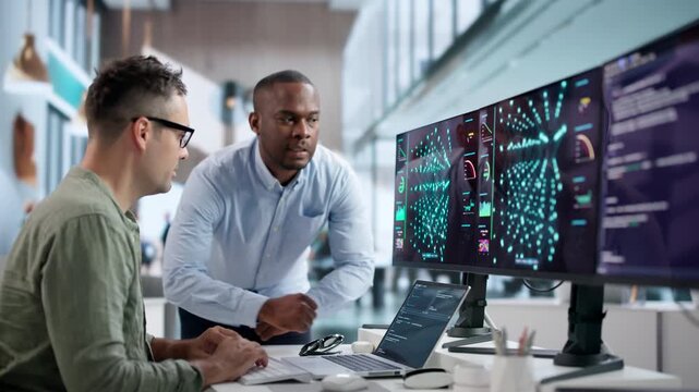 Data Scientist And Engineer Analyzing AI Models On Laptop Computers