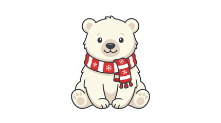 Cute polar bear cub wearing red winter scarf, adorable cartoon baby animal vector illustration, festive Christmas character design isolated on white © Siam