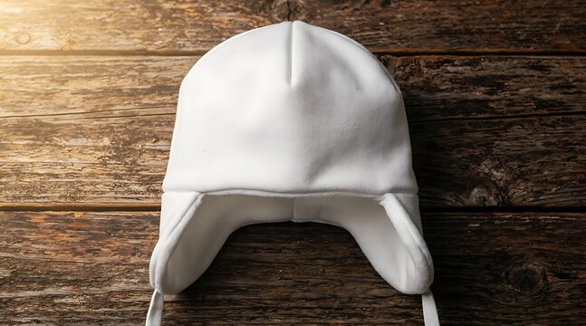 Blank white winter trapper hat with earflaps on a rustic wooden surface, warm headwear accessory for cold weather and outdoor activities, high-quality fleece textile mockup for apparel design.