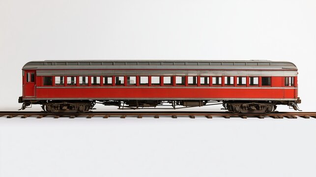 Red vintage train passenger car on tracks