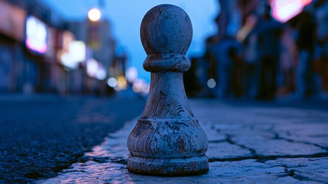 Low angle shot of a lone chess pawn standing tall on a cracked pavement at dusk, weathered wood