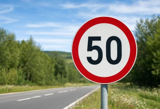 Road sign indicating a maximum speed limit of fifty kilometers per hour on a rural asphalt highway