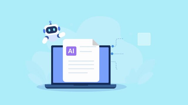 Flat vector animation showing AI document analysis on a laptop with a robot, document, warning, and verification icons on a soft blue background.