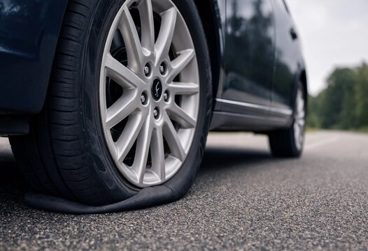 A car with a flat tire stopped on the side of the road, concept of car trouble and automotive emergency