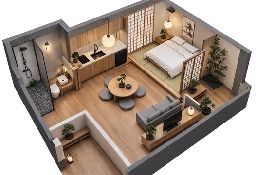 Isometric 3D render of a modern minimalist Japanese style studio apartment interior with wood flooring and natural zen decor