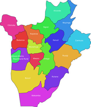 Burundi Colorful Political Map Vector - Regional Divisions Infographic with Bubanza, Bujumbura Mairie and Bujumbura Rural