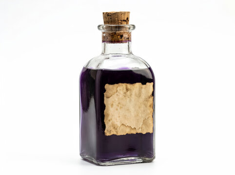 Potion bottle with purple liquid and blank vintage parchment label isolated on white background for fantasy magic concept