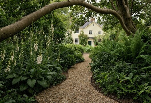 A beautiful gravel garden path leading to a charming yellow country house cottage