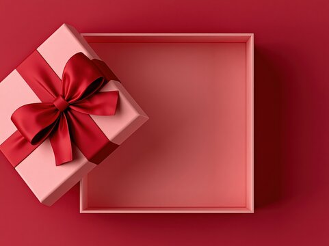 Open pink gift box with red ribbon on