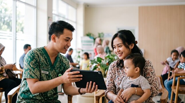 Young male nurse explaining telemedicine app to concerned young