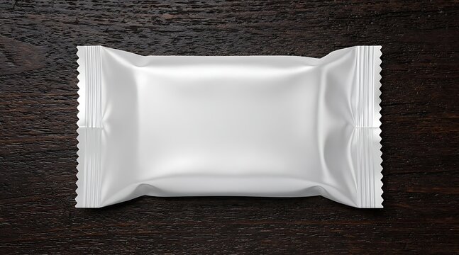 Top view of a blank white plastic snack packaging mockup on a dark wooden table background, perfect for presenting candy bar, chocolate, or food branding designs in a realistic setting.