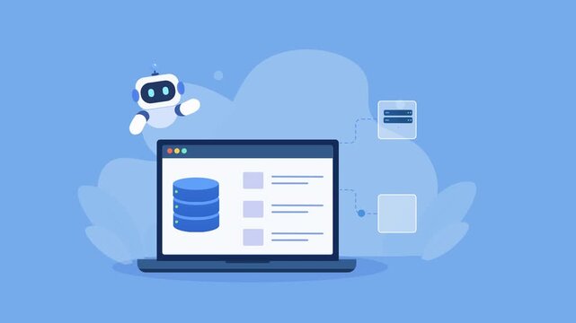 Flat vector animation showing AI cloud database management on a laptop with a robot, database, server, and settings icons on a soft blue background.