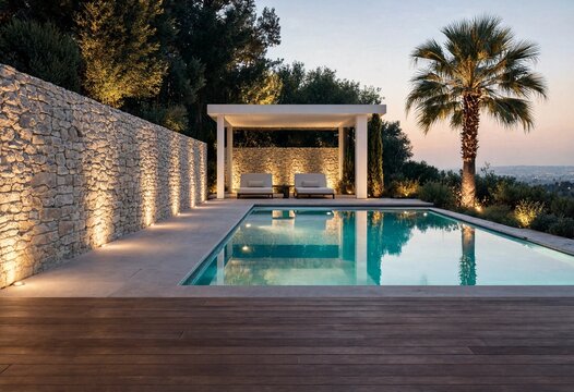 Luxurious swimming pool terrace at sunset with modern pergola and stone wall
