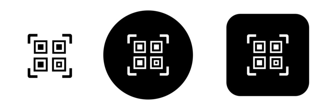 Scan button icon set with QR code scanner symbol. QR reader icons for digital payments, contactless access and information sharing