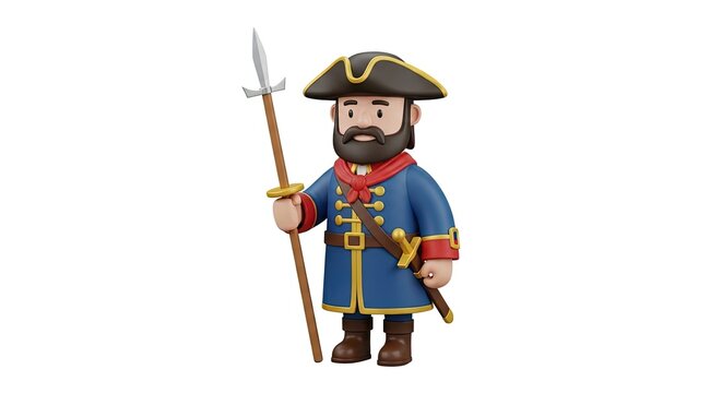 Cartoon 3D render of a historical soldier with a halberd and sword, wearing a tricorn hat, blue coat, and red sash.