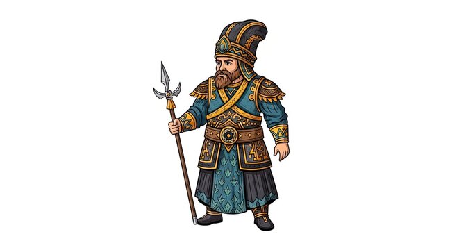 Cartoon Historical Warrior in Ornate Armor Holding Spear, Isolated Flat Vector Illustration