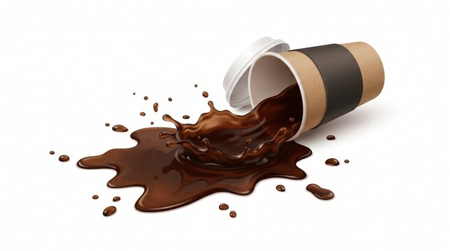 Realistic spilled dark coffee splash from a paper takeaway cup isolated on a white background, representing a messy morning beverage accident