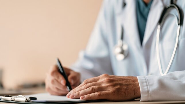 Doctor in White Coat Writing Notes on Clipboard