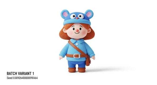 Cute Cartoon Character in Blue Mouse Hat and Outfit, 3D Render, Isolated on White Background
