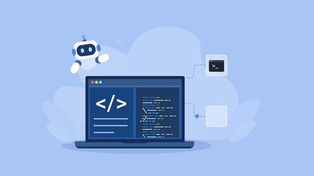 Flat vector animation showing AI assisted coding on a laptop with a robot, code interface, terminal, and settings icons on a soft blue background.