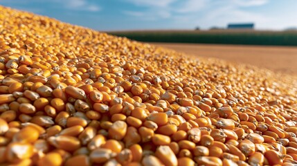 Obraz premium Pile of golden corn kernels in agricultural field