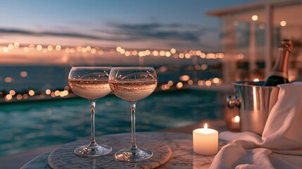 Obraz premium Champagne glasses by pool at sunset with candle
