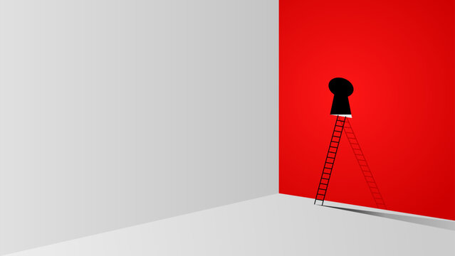 A keyhole in the shape of a red building with stairs leading upward. Seizing existing opportunities or those that have been created opportunities worth pursuing.