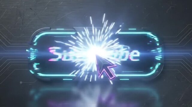 Subscribe button animation with sparkling cursor click effect and futuristic neon border
